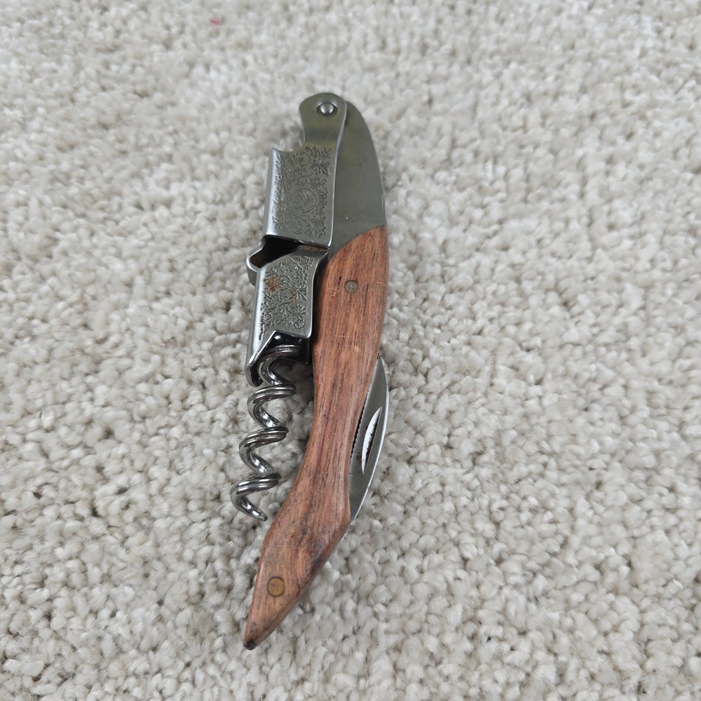 Waiter's Corkscrew Wine Opener Brown Wood Engraved Floral Design
